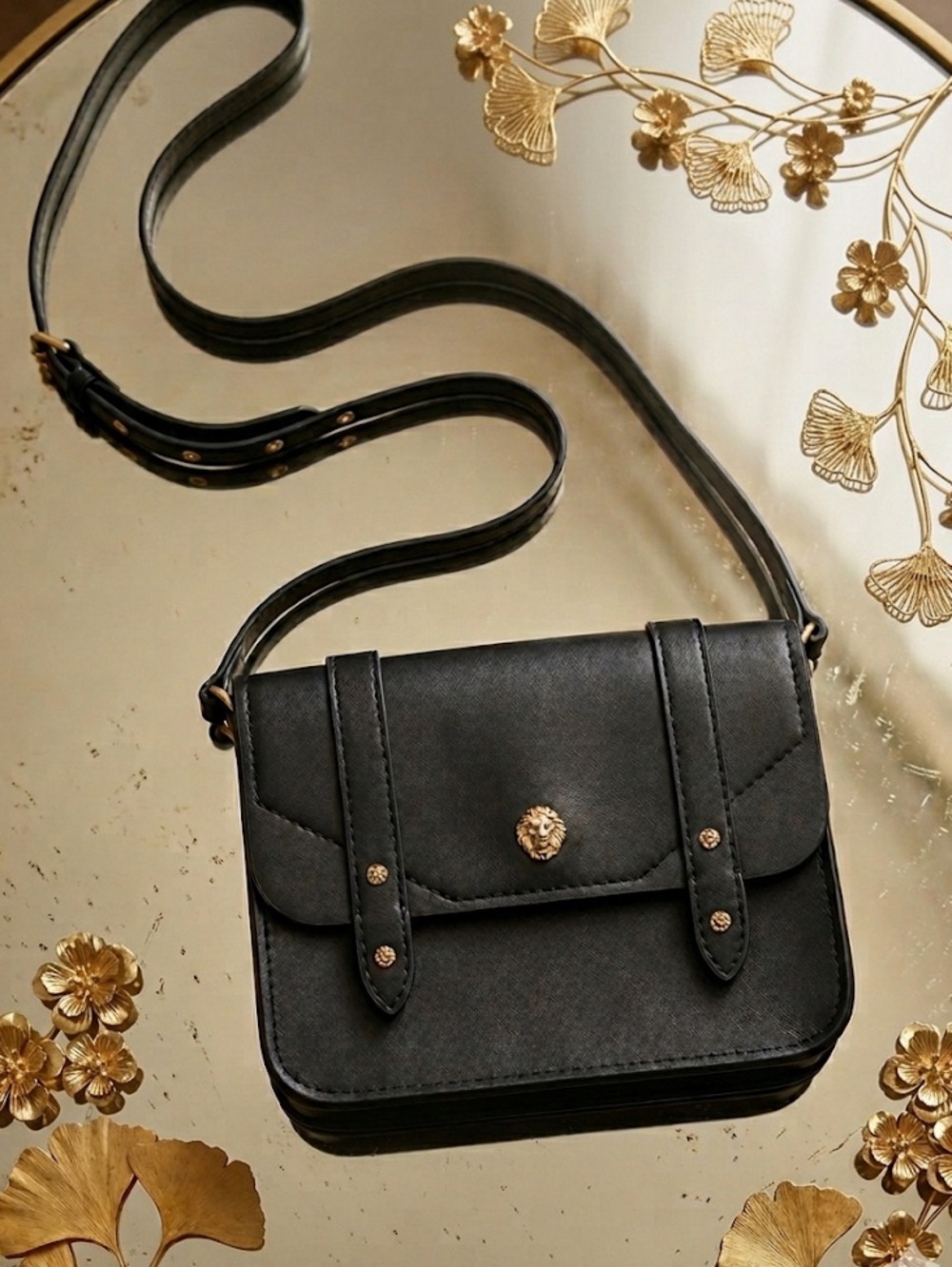 (NWOT!) ANNE KLEIN- Black Crossbody Bag with Gold Lion Accent
